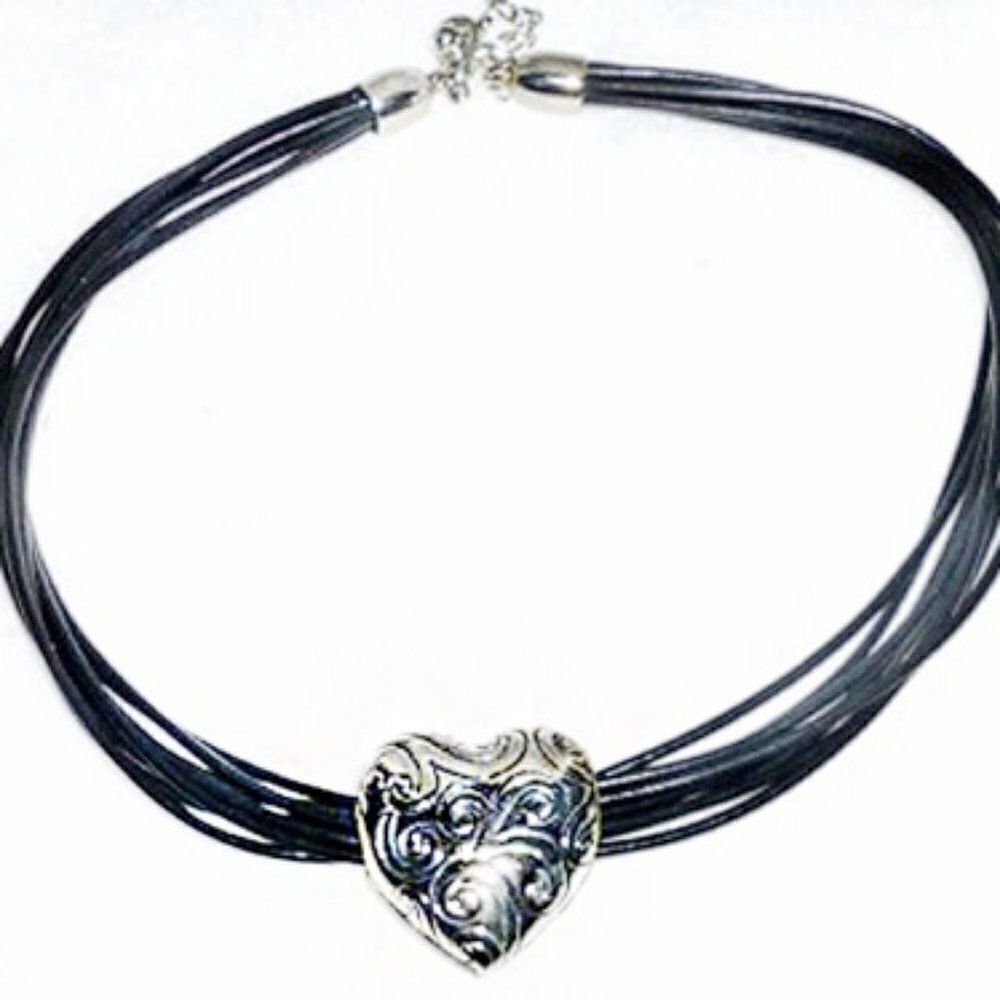 MULTI STRAND BLACK  LEATHER SILVER HEART NECKLACE